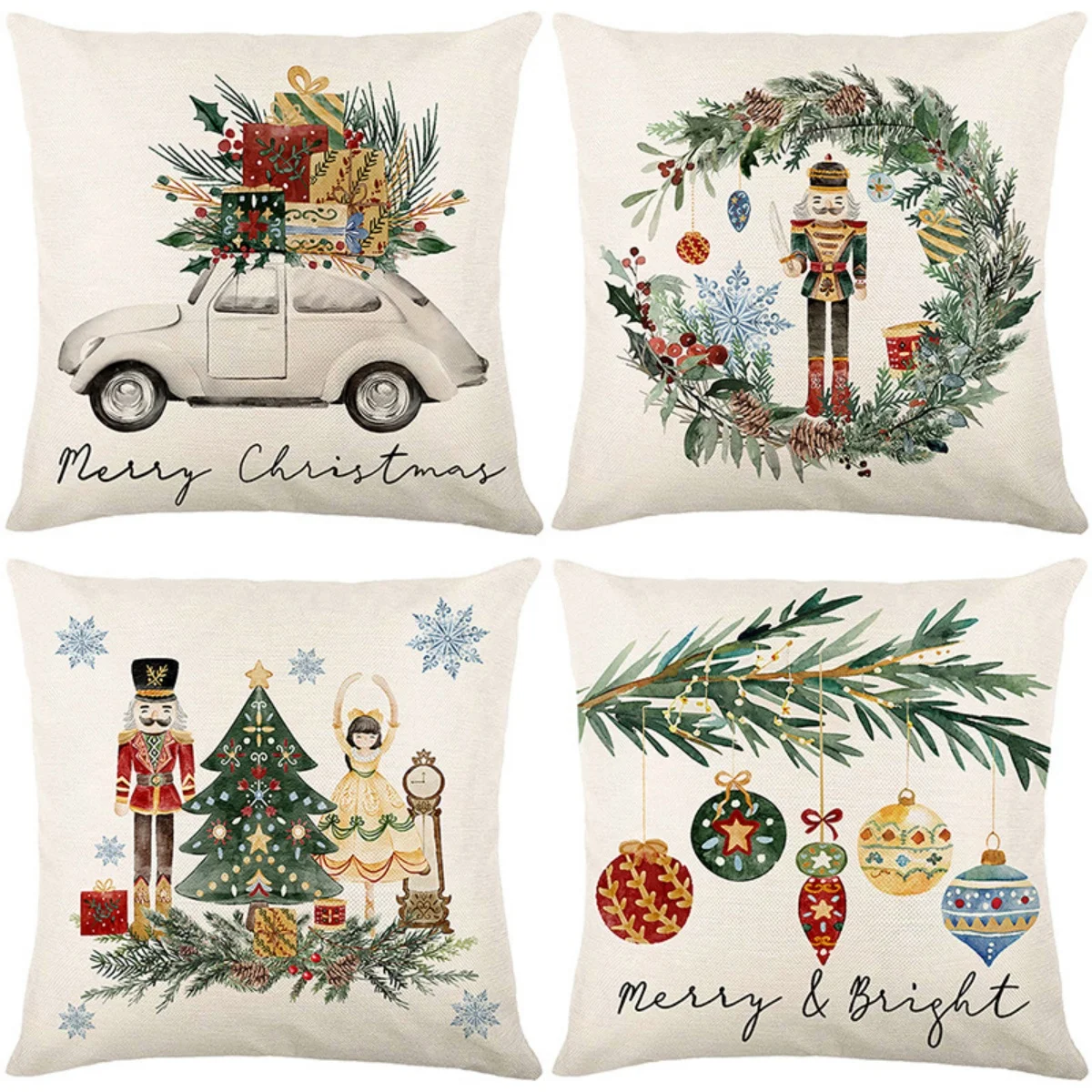 Watercolor Nutcracker Christmas 4Pcs Throw Pillow Covers, Home Decor Cushion Cases for Sofa Bedroom