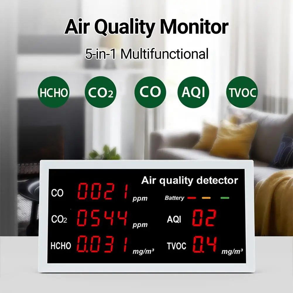 

Air Quality Monitor 5-in-1 Accurate Palm-sized Real-time Monitoring With LED Display CO/CO2/HCHO/AQI/TVOC Air Pollution Detector