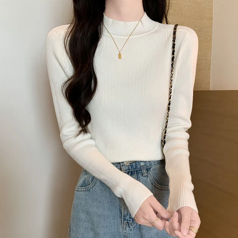 

Slim Mock Neck Knitted Sweater Women Pullovers New Long Sleeve Knit Sweater Pullover Women Tops Sueter Feminino Knitwears Q1725