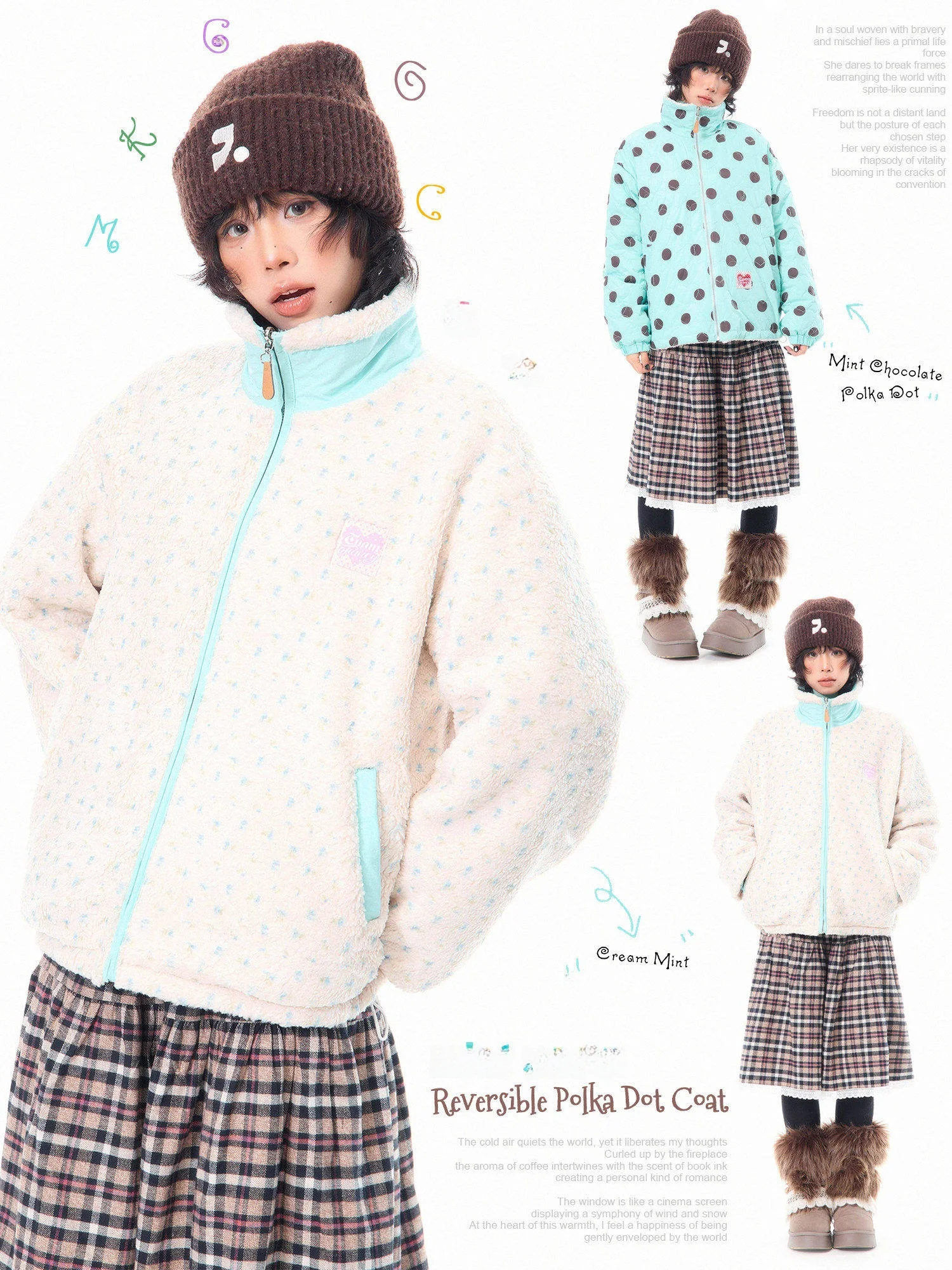 

Women's Double-Sided High Collar Lamb Fur Jaet Floral Polka Dot Loose Thiened Winter White Top Sweet Sle Stand Version