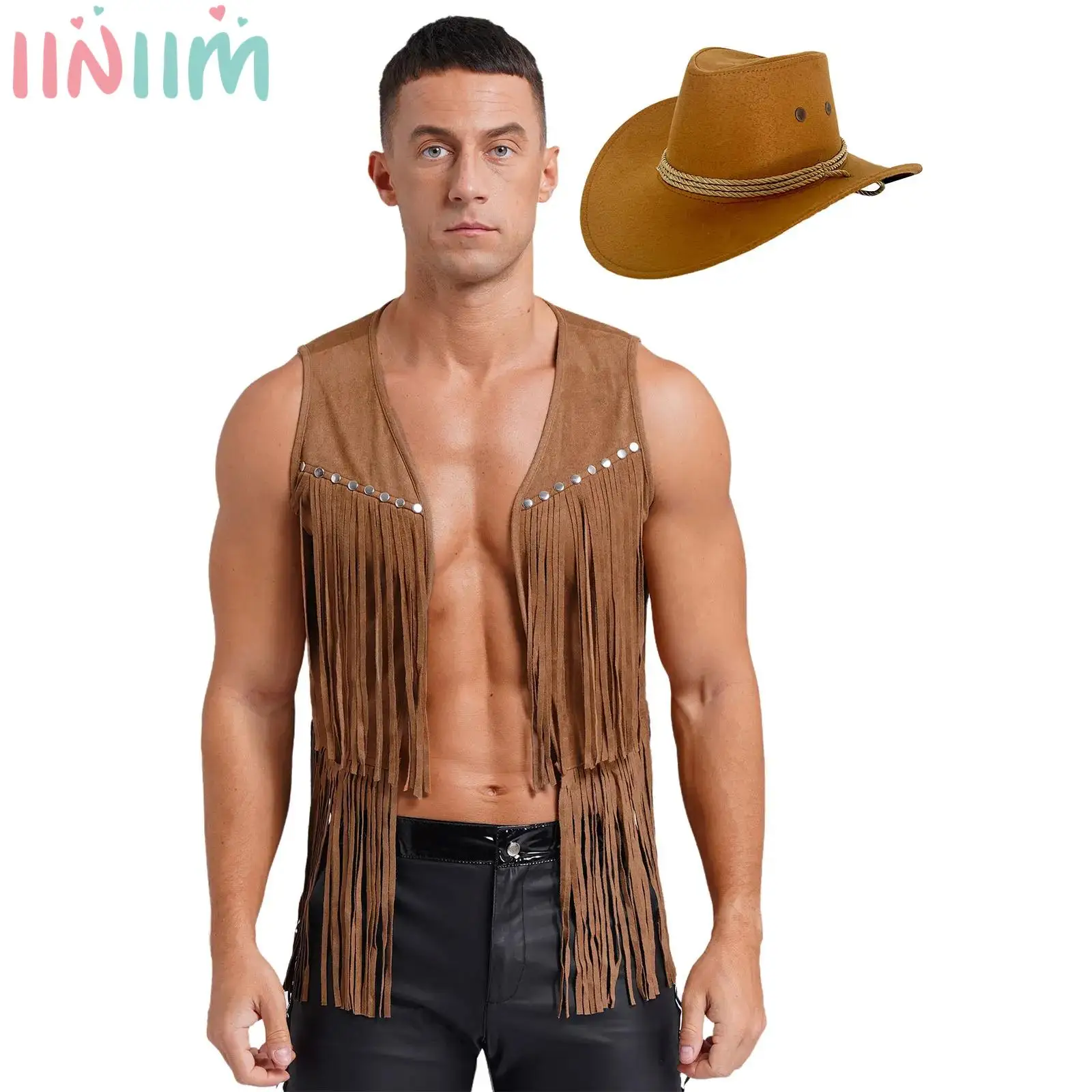 

Mens Western Cowboy Cosplay Costume Sleeveless Open Front Waistcoat and Drawstring Hat Set Halloween Party Fancy Dress Outfits