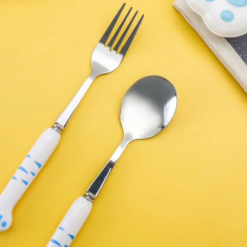 Cute Cat Paw Cutlery Set Stainless Steel Fork Spoon with Storage Box Dinnerware Tableware Silverware Lunch Bento Accessories