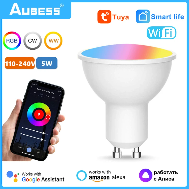 

TUYA Wifi Smart GU10 Light Bulb Spotlight RGB+CCT 100-240V LED Light Bulb Voice Control Work With Alexa Google Home Yandex Alice