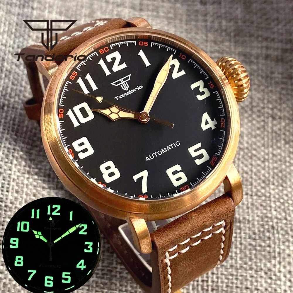 Tandorio Real CUSN8 Solid Bronze 46.5mm NH35A PT5000 Automatic Watch for Men Sapphire Glass Black Dial Leather Strap Screw Crown