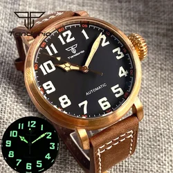 Tandorio Real CUSN8 Solid Bronze 46.5mm NH35A PT5000 Automatic Watch for Men Sapphire Glass Black Dial Leather Strap Screw Crown