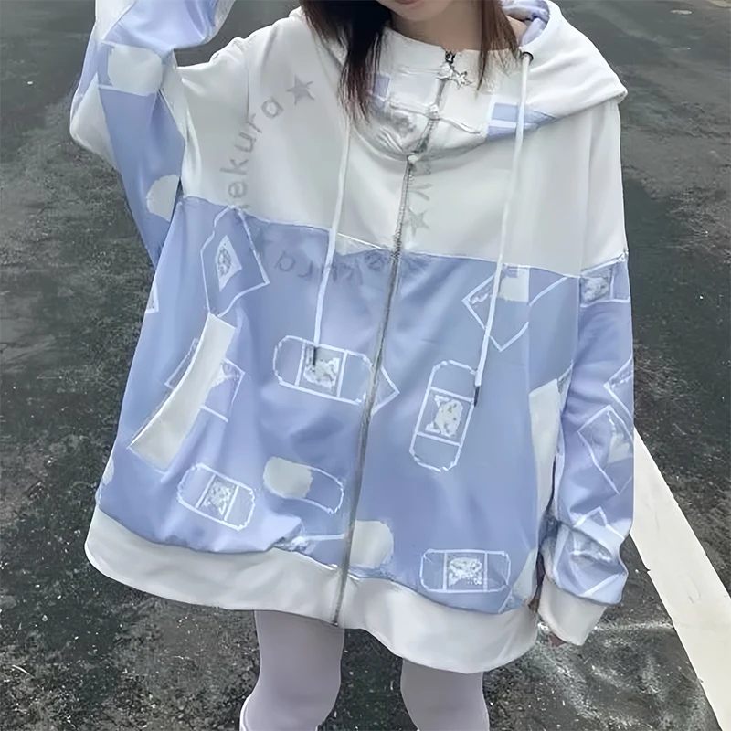 

Subculture Y2k stitch Hoodies Girl Japanese Cute Oversized Cat Ear Blue Sweatshirts with Blue Casual Hoodie Women Fleece Coat