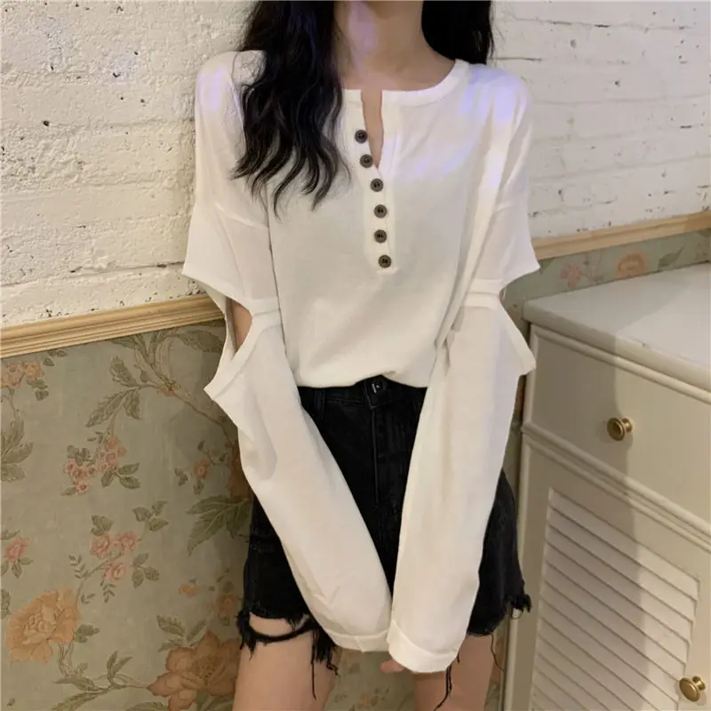 

Hollow Out Summer Sexy Long Sleeve Women T Shirt Tunic Slim Fit 2023 New Fashion Harajuku Striped Button White Clothes Cool Tops