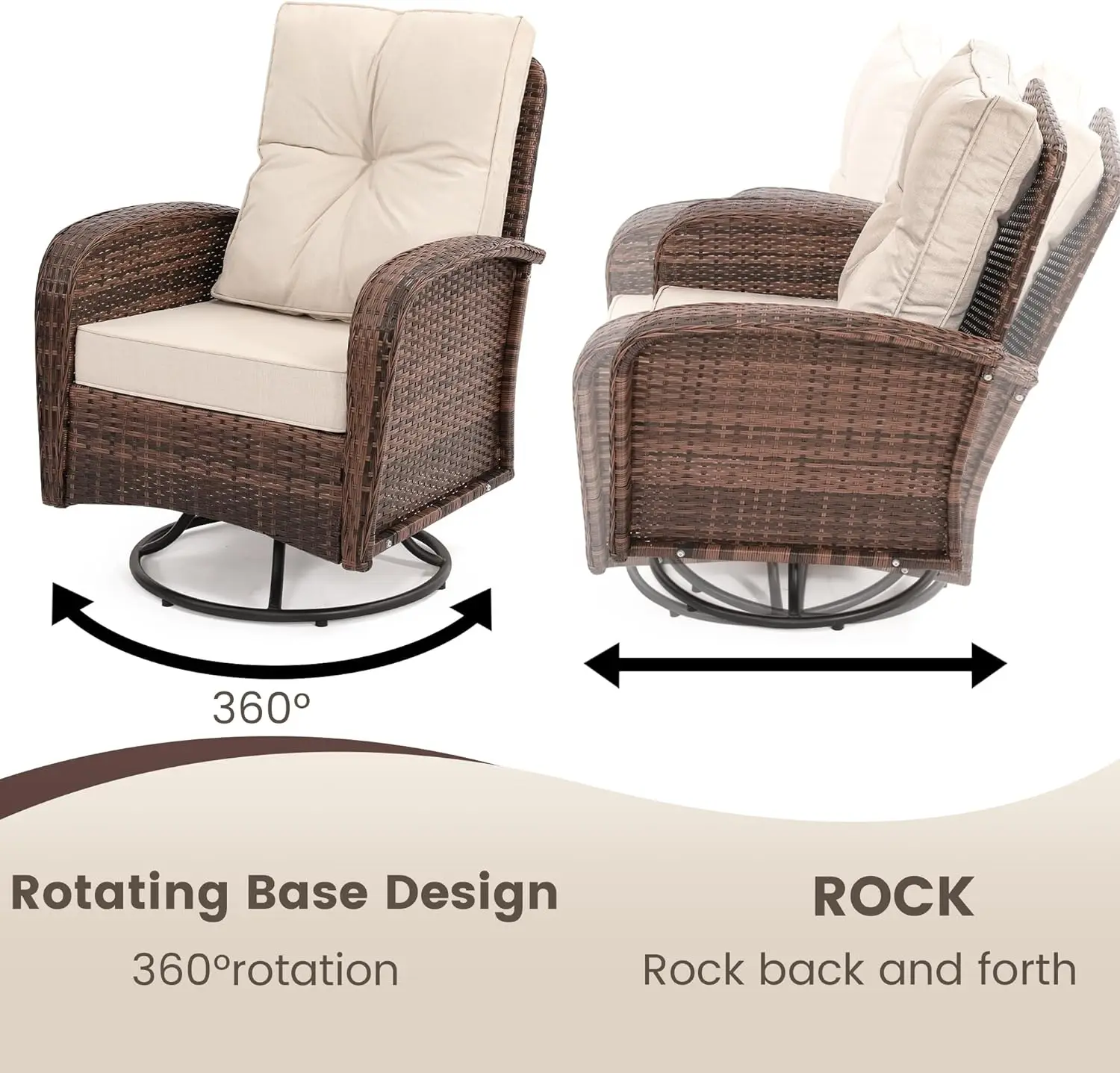 3 Pieces Patio Furniture Set, Outdoor Swivel Glider Rocker, Wicker Bistro Set with Rattan Rocking Chair, Glass Top Table