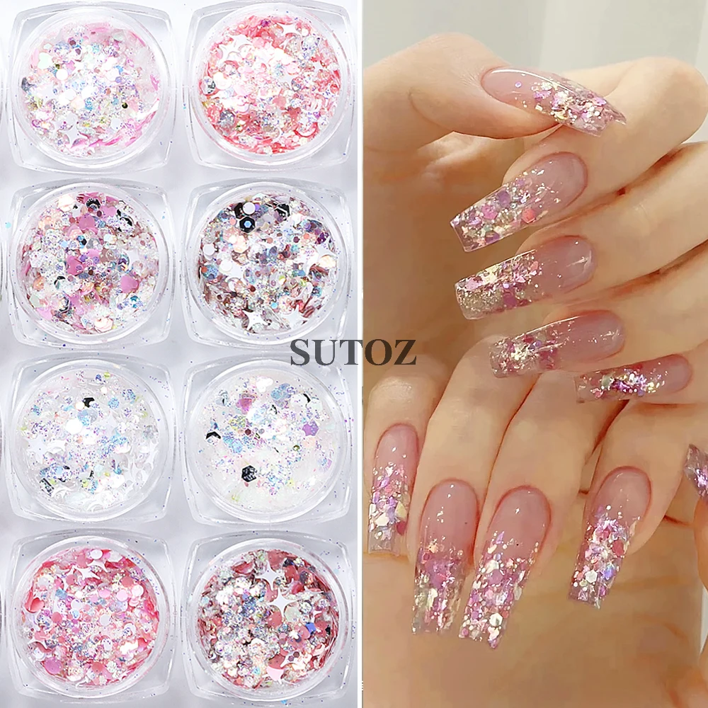 Sterren Nail Art Glitter Pailletten Roze Harten Zeshoek Ronde Holografische Kleurrijke Glanzende Vlokken Diy Manicure Decoratie LEBXMS-01