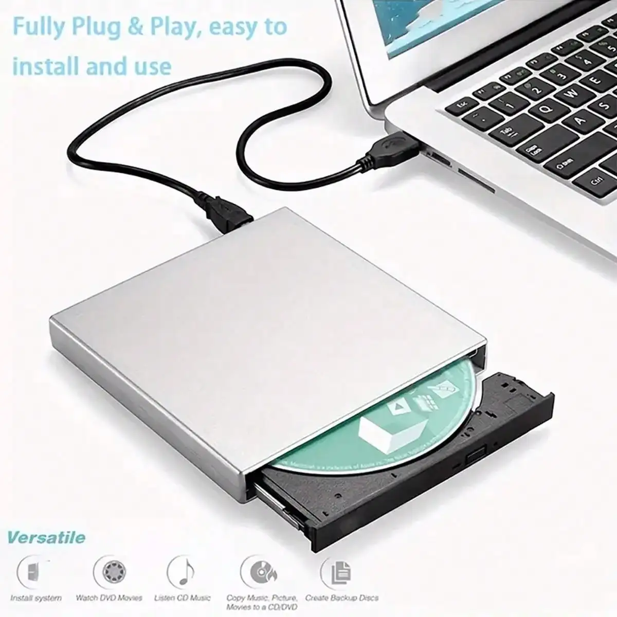 ไดรฟ์ CD/DVD ภายนอกสําหรับแล็ปท็อป, แบบพกพา Slim USB 2.0 CD/DVD Burner, CD/DVD +/-RW ROM ออปติคัลไดรฟ์สําหรับแล็ปท็อป