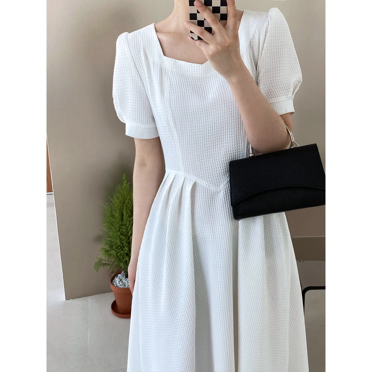 

Casual French Waffle Square Neck Dress Women's Summer Hepburn Temperament High Waist Length Skirt 3031 Vestido Women Elegant