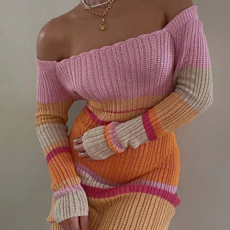 

Women Sexy Beach Evening Party Knitted Off Shoulder Patchwork Long Sleeve Bodycon Long Dresses Casual 20223 Autumn Dress