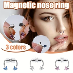1Pc Butterfly Magnetic Fake Septum Nose Rings, Faux Horseshoe Stainless Steel Fake Nose Ring Hoop,Non-Piercing Clip On Nose Ring