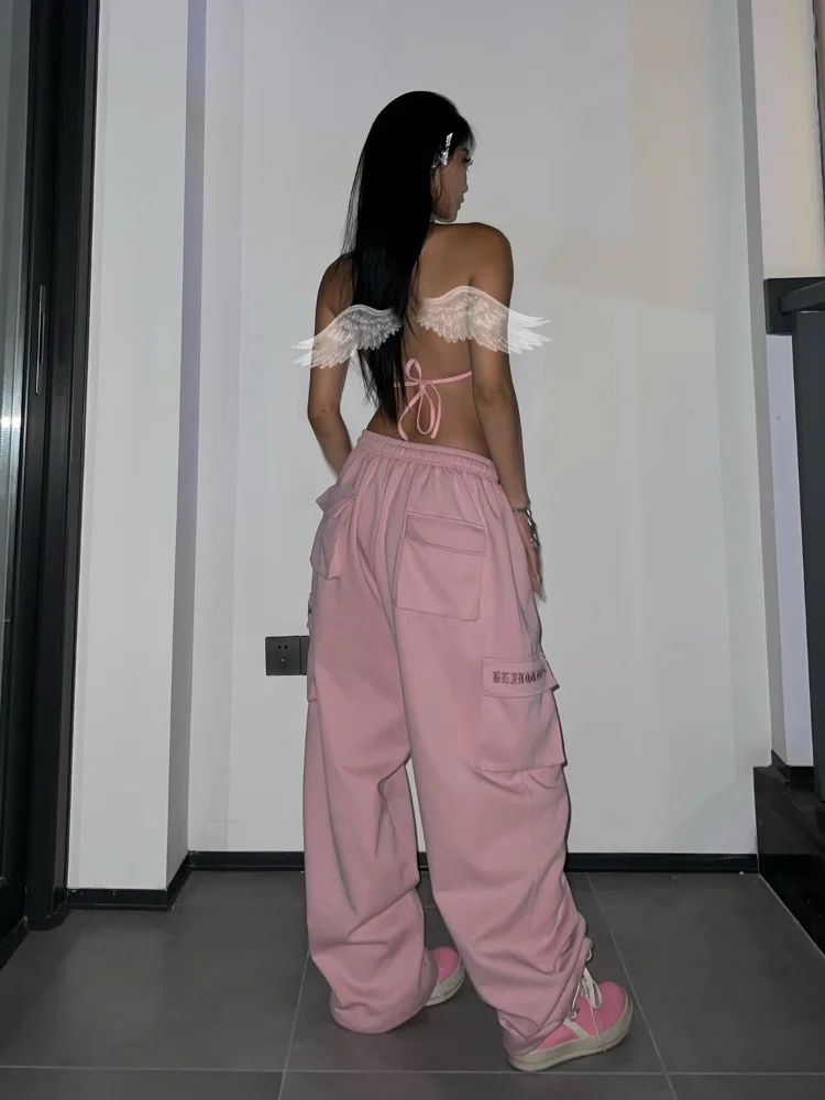 Wide Leg Trousers Female  Y2K Pink Cargo Parachute Pants Oversize Hip Hop Jogging Sweatpants Egirl 90s Aesthetic Vintage