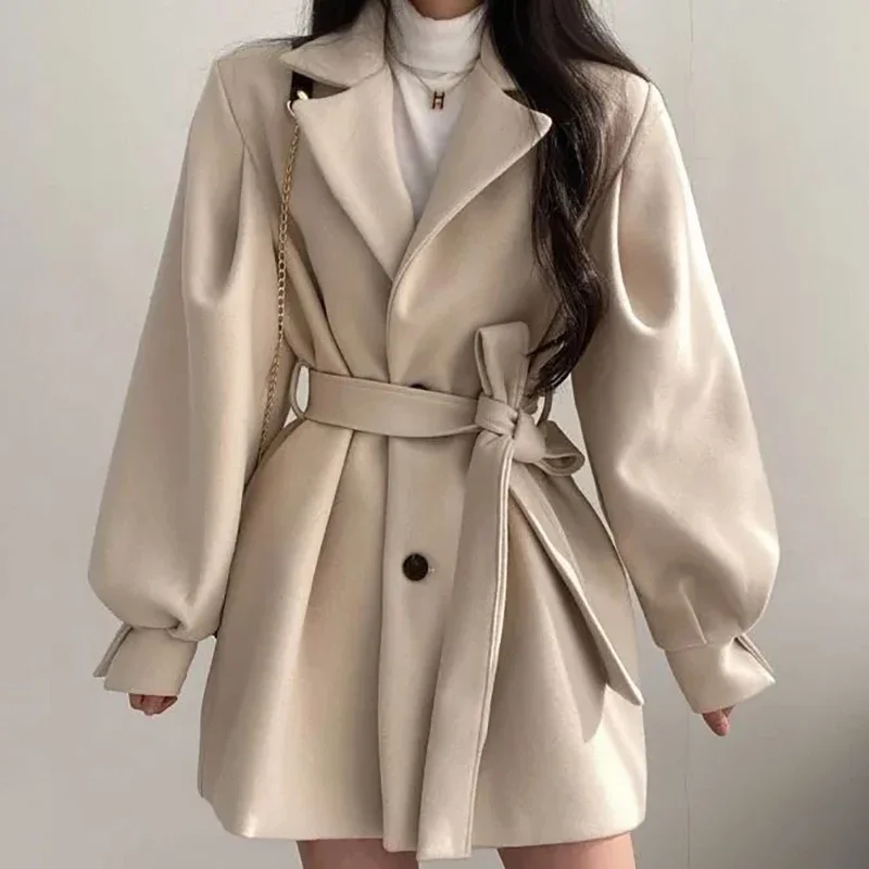 HELIAR Women Buttons Lace-up Trench Coat With Pockets Woolen Turn-down Collar Long Sleeve TRAF Coat Overcoat Women Fall Winter