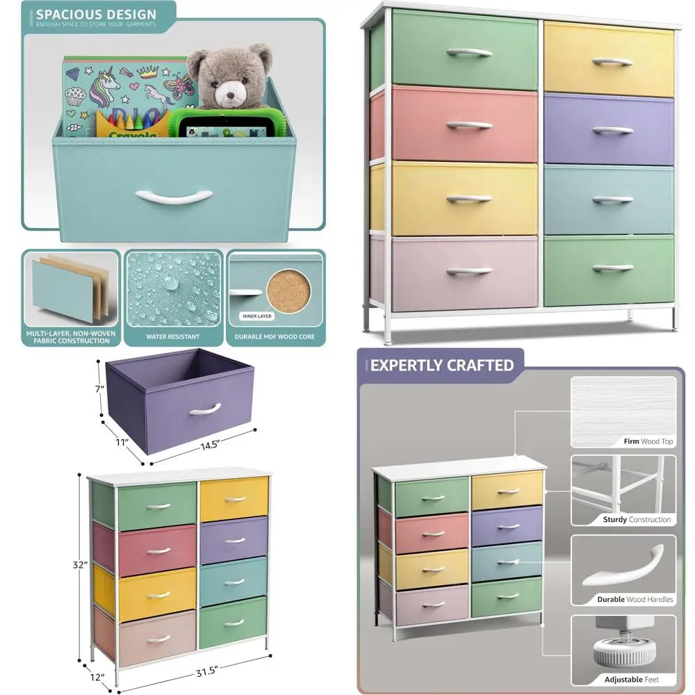 

Детский комод с 8 ящиками и тканевыми корзинами - стальной каркас, деревянная столешница, пастельный узор в стиле тай-дай для спальни, прихожей, гардеробной