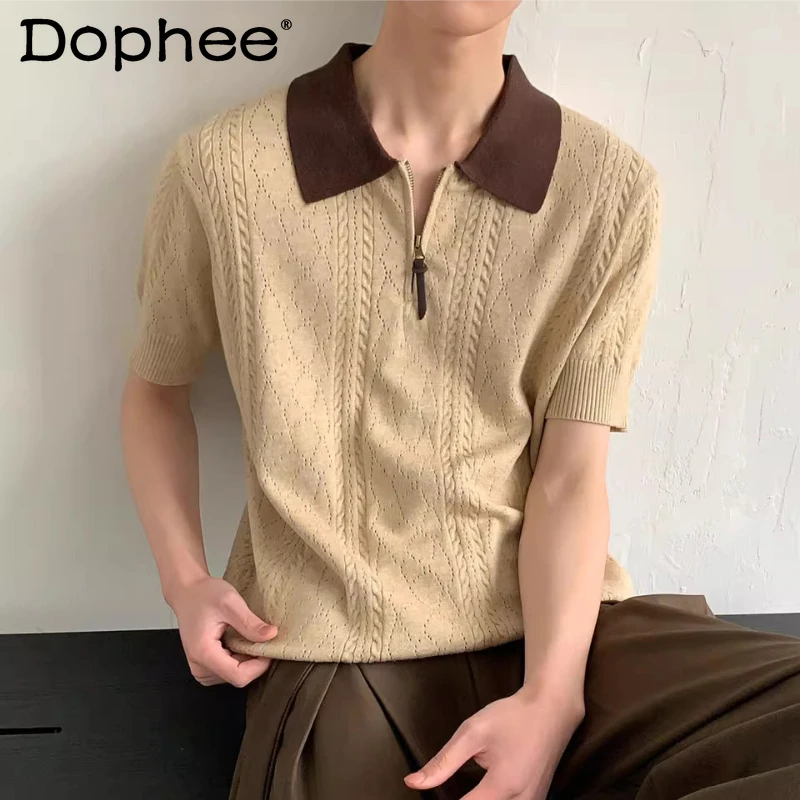 

2026 Men's Summer New Lapel Knitted Polo Shirts Men's High-end Short-sleeve Contrast Color Knitted Tees Comfort Knitwear Tops