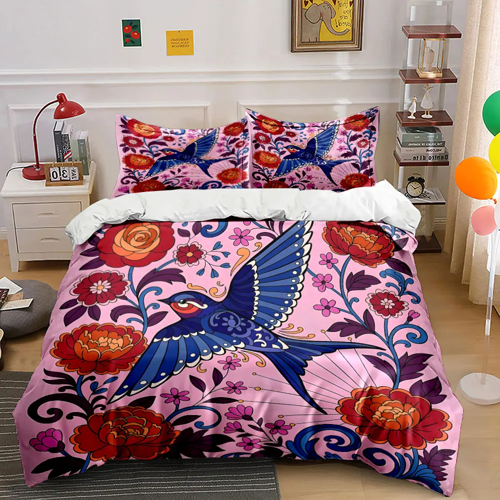 

Painted bluebird with blooming flowers Pattern Duvet Cover Set Digital Print Colorful Polyester Bedding with Zipper Closur