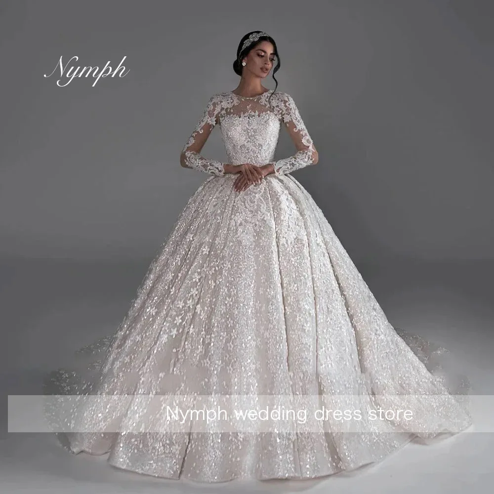 Ball Gown Wedding Dress Luxury Beading Appliques Lace Princess Bridal Gown Classic O-Neck Long SleeveCustomized Robe de mariée