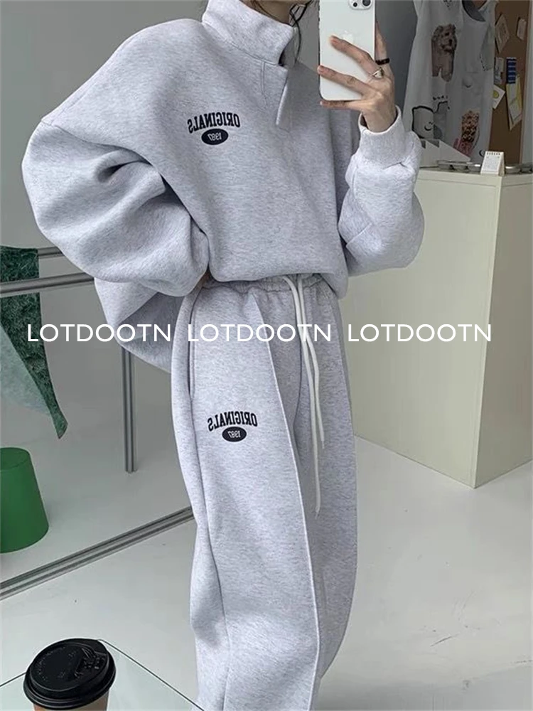 LOTDOOTN Autumn Thin Two Piece Sets Women Tracksuit Oversized Suit 2023 Trouser Suits Female Sweatshirt Solid Color Sportswear