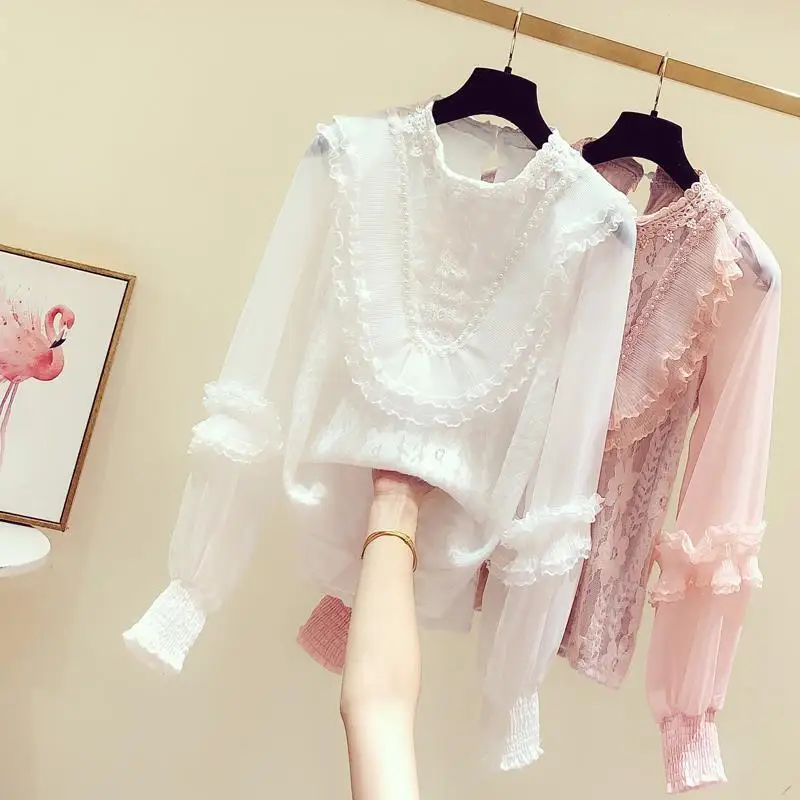 Elegant Stand Collar Lace Beading Ruffles Blouses Women\'s Clothing 2024 Spring Summer New Loose Korean Tops Office Lady Shirts