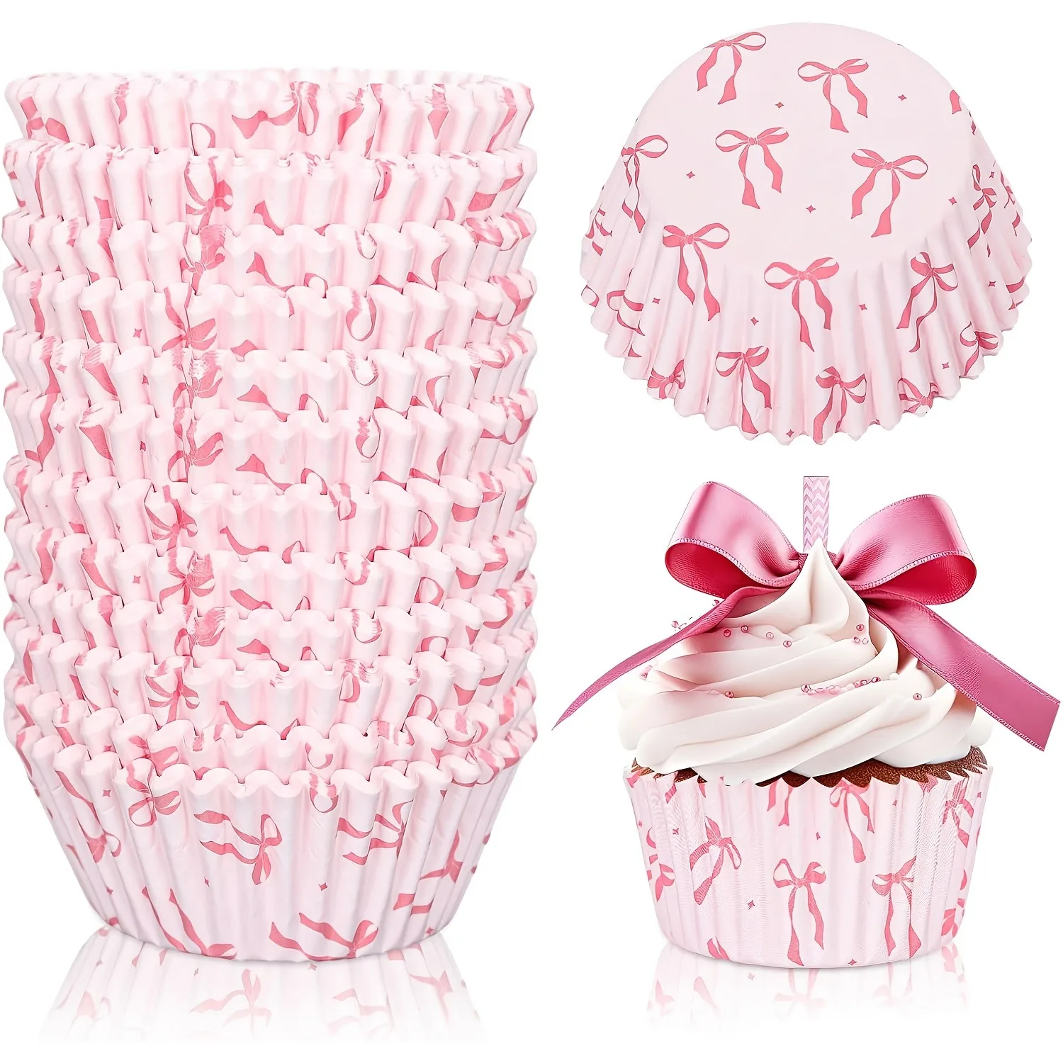 Porte-cupcake en papier à nœud rose avec bords satinés, gobelets de cuisson de tonalité douce adaptés aux mariages, anniversaires et aux célébrations