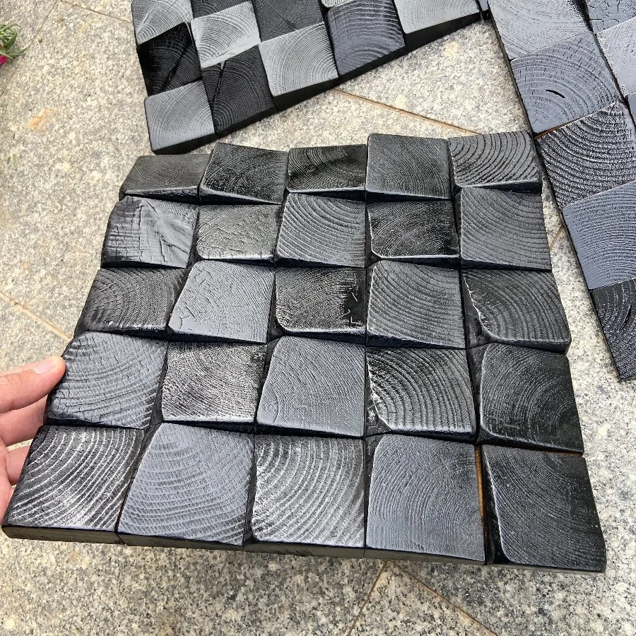 Natural Solid Wood 3D Art Wall Stickers Carbonized Black Lacquer Mosaic Tile Background Panel Wall Decor for Home Office Bedroom - view 2