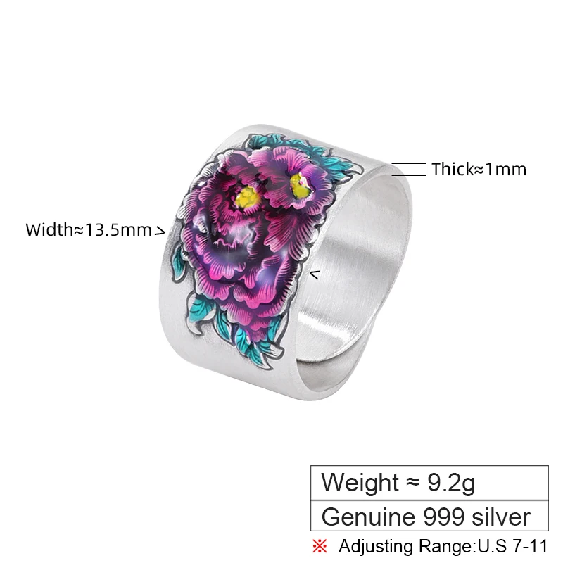 ZABRA 999 Pure Silver Enamel Peony Ring for Women, Light Luxury, Premium, Wide Edition, Finger Ring Gift