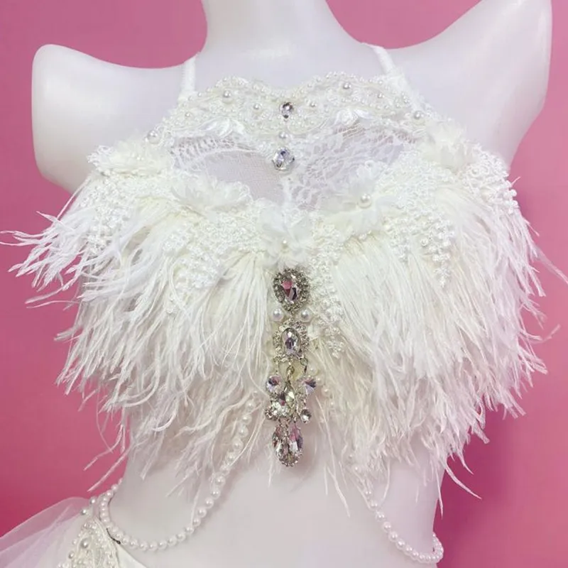 LED White Feather Rhinestones Bikini Pole Dancing Outfit Sexy Nightclub Party Rave Show DJ Singer Dancer Performance Costume