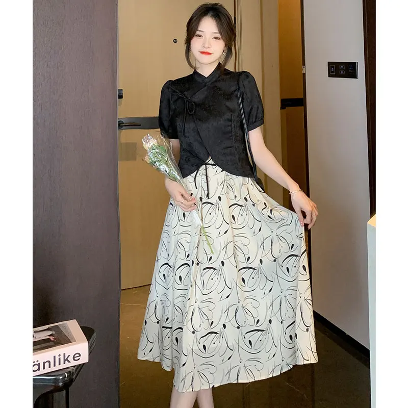 

2023 Summer Retro Women Skirt Sets Outifits Black Black Jacquard Top Printed Skirts Set Fashion Vintage Hepburn Suit 2PCS Dress