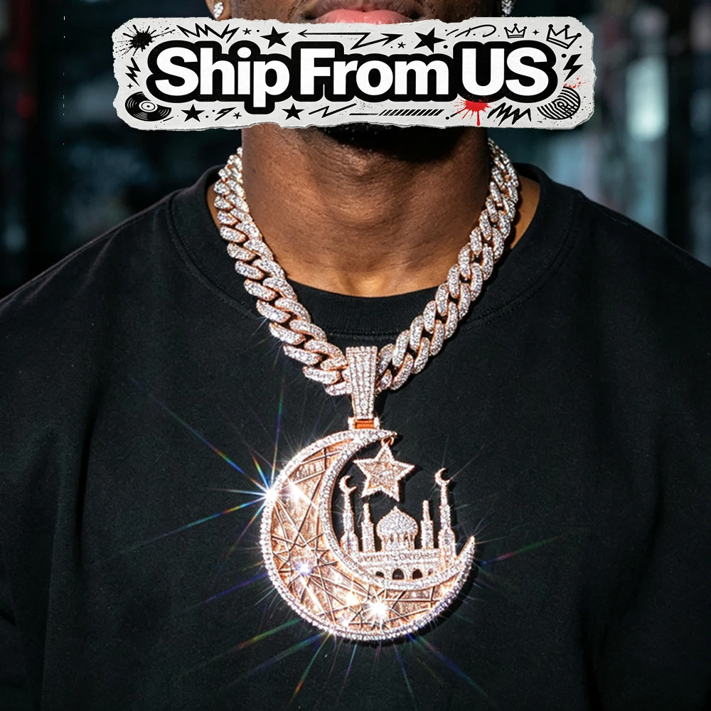 Iced Pendant Men Hip Hop Charm Crescent Mosque Star Design 18K Gold Electroplated Cubic Zirconia Bling Fine Jewelry Gifts for Men Boy Friends Islamic Muslim Neckalce Accessories Rap Streetwear For Cuban Link Chain Shiny Faith Ornament For Rappers Male