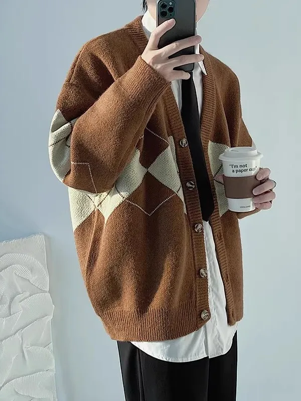 

Retro Loose Men's Sweater Autumn Winter Diamond id Cardigan Knitted Outerwear Trendy Brand Couples Match Polyester Fiber