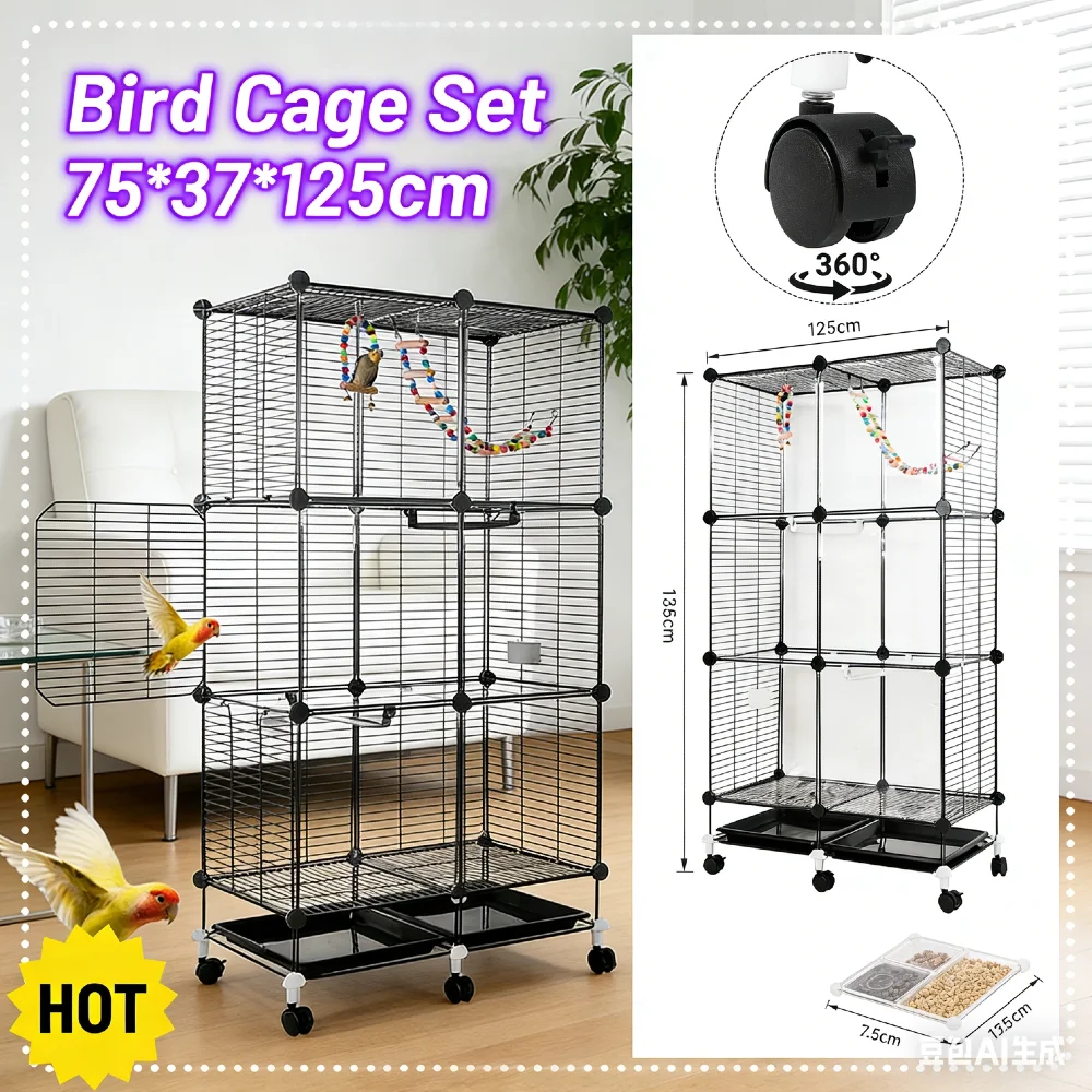 

Metal Parrot Cage with Rolling Stand Wheels Swing Ladder Tray 360° Ventilation Elevated Base Big Flight Bird House for Cockatiel