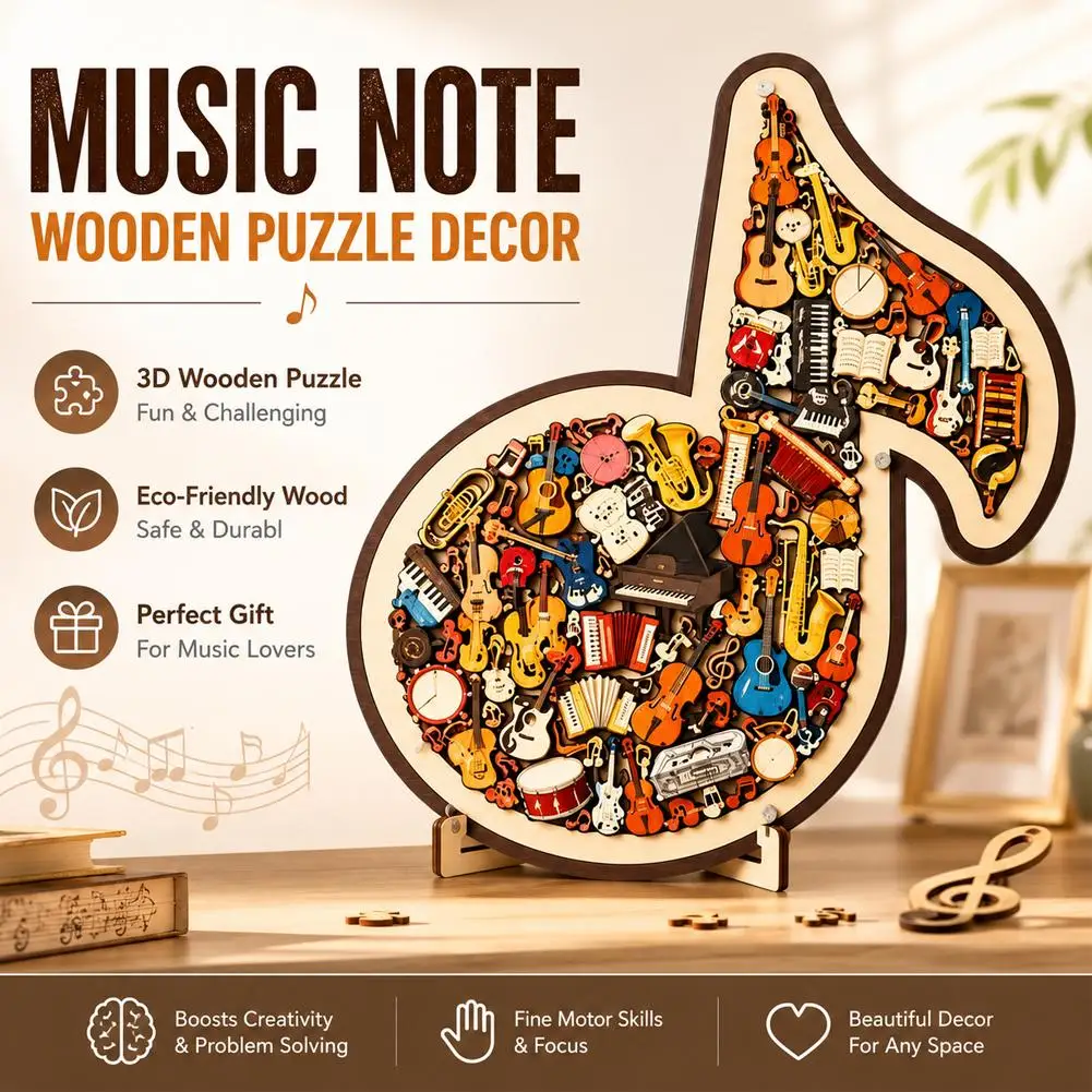 Music Note Wooden Puzzle 3D Musical Instrument Eco Friendly Wood Jigsaw Board Game Desk Decor Creative Toy Adult Kid Gift