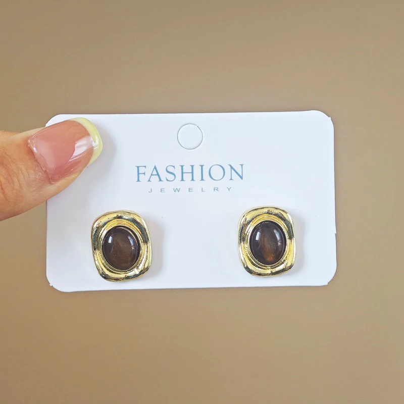 أقراط كلاسيكية بإطار معدني مربع ذهبي مع أقراط خرز بيضاوية من الأكريليك البني هدية مجوهرات هندسية عصرية للحفلات #4