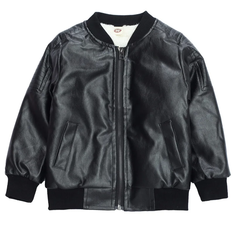 

Boys Leather Jacket Lined With Velvet Keep Warm Teen Boys Leisure Locomotive Fur Coat For Kids Stand Collar Coat Autumn Winter