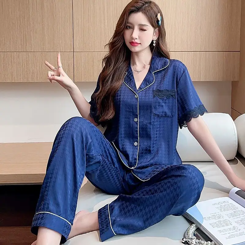 Summer Pajamas Women's Ice Silk Pijama Mujer Short Sleeves Casual Luxury Loungewear Women Light and Breathable