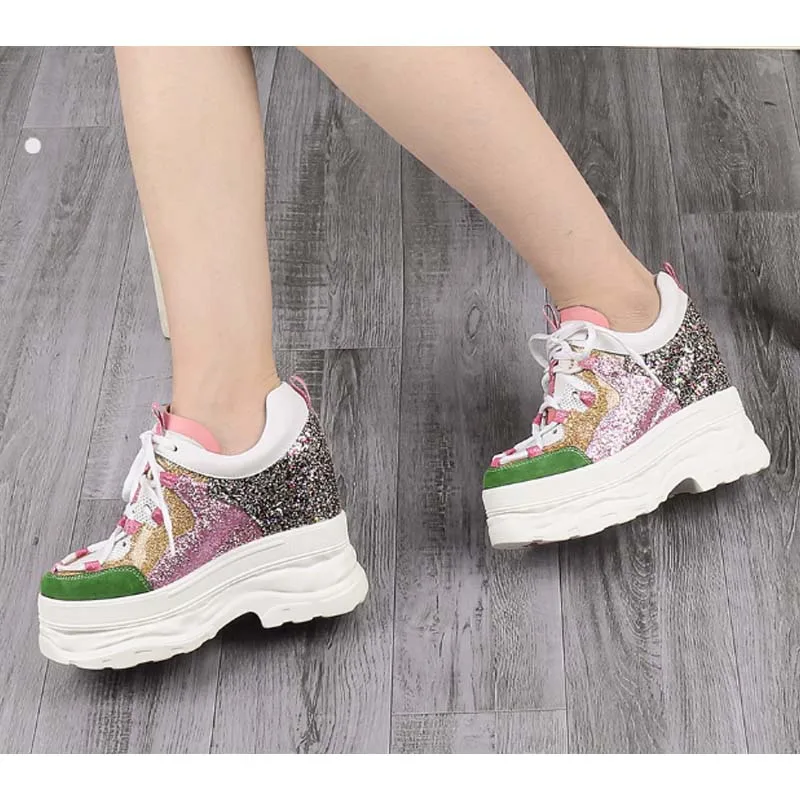 women colorful patchwork sequined cloth casual shoes thick soled platform sneakers 10 cm outdoor height increasing wedge heels