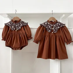 0-6Yrs Family Matching Sister Outfit Sister Clothes New Autumn Retro Lapel Baby Girl's One Piece Clothes Sister Princess Dress ﻿