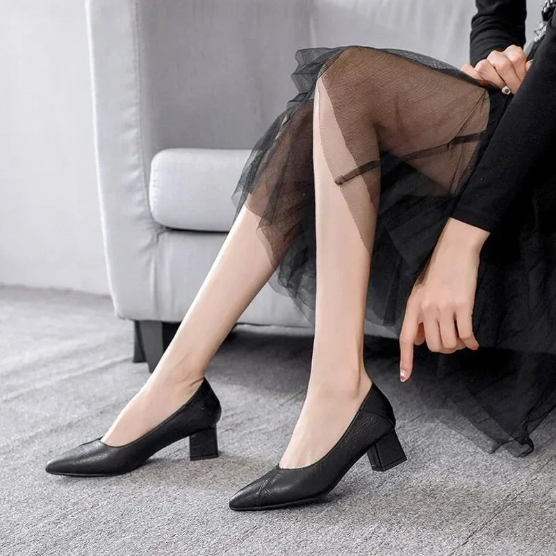 Black Chunky Heeled Women Shoes Square Heel Leather Shoes Pumps Zapatos De Mujer Fashion Designer Office Ladies