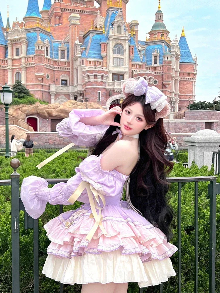 New Sweet Girl Pink Purple Suspender Dress Lolita Women\'s Bowknot Princess Sparkle Cake Dress for Birthday Party