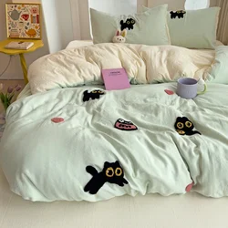Bedding Set 2024 New Four Seasons Super Soft Washed Cotton Towel Embroidery Duvet Cover Four Piece Set - Lucky Cat Series