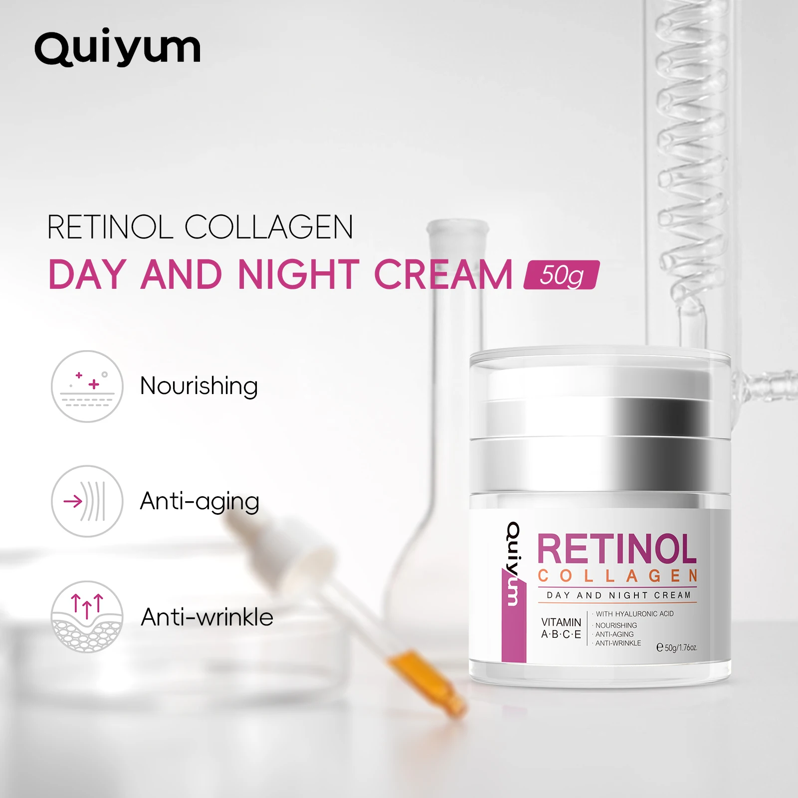 Quiyum Retinol Collagen Day & Night Cream 50g Anti-Aging Anti-Wrinkle with Hyaluronic Acid, Vitamins C & E for Nourished Skin