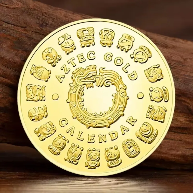 Gold Plated Mayan Aztec Calendar Memorial Coins Pyramid Mexican Crafts Commemorative Coin Badges Gifts