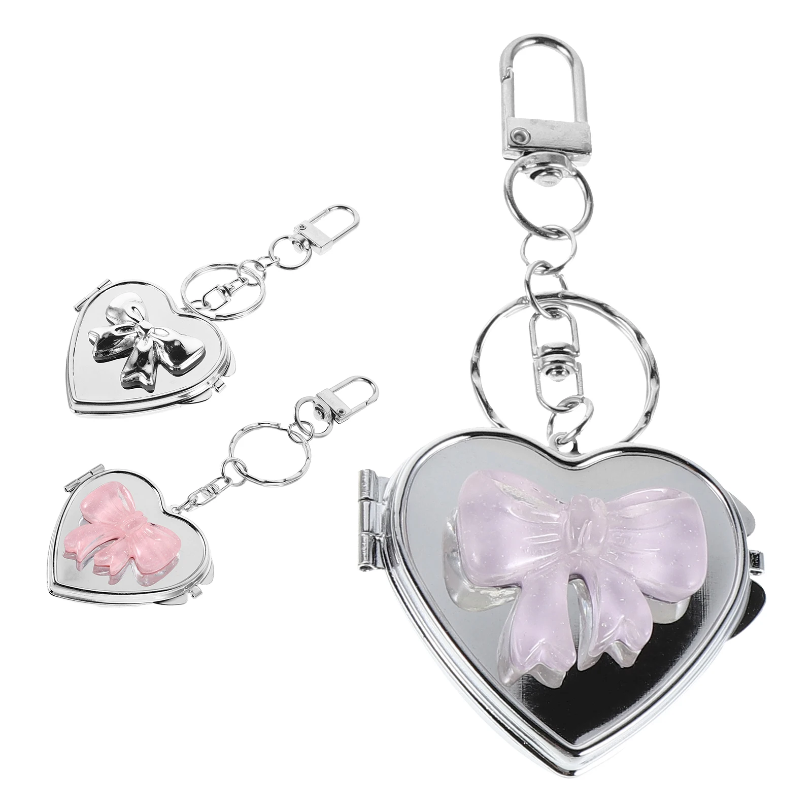 3개 세트 하트 모양 거울 키체인 우아한 리본 컴팩트 휴대용 메이크업 거울 여행용 가방 장식 선물