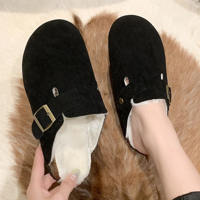 Новые зимние меховые пробковые тапочки, женские теплые короткие плюшевые сабо, шлепанцы, женские меховые пробковые сабо, классические домашние пробковые туфли для поддержки свода стопы