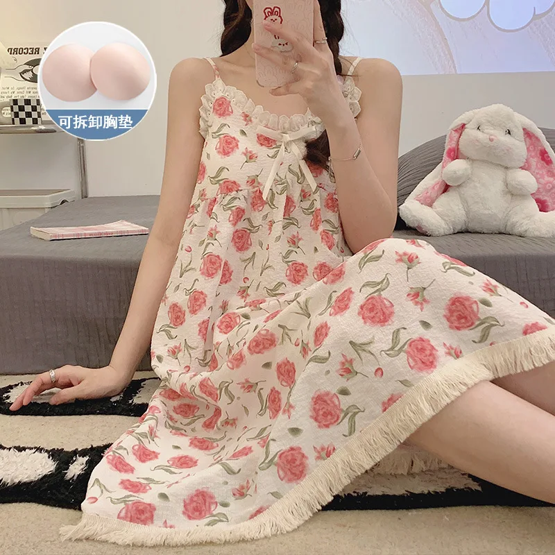 M-2XL Große Größe Schlaf Kleid Weibliche Sommer Süße Floral Sling Pyjamas Mittellanges Kleid Homewear Ärmellose Loungewear