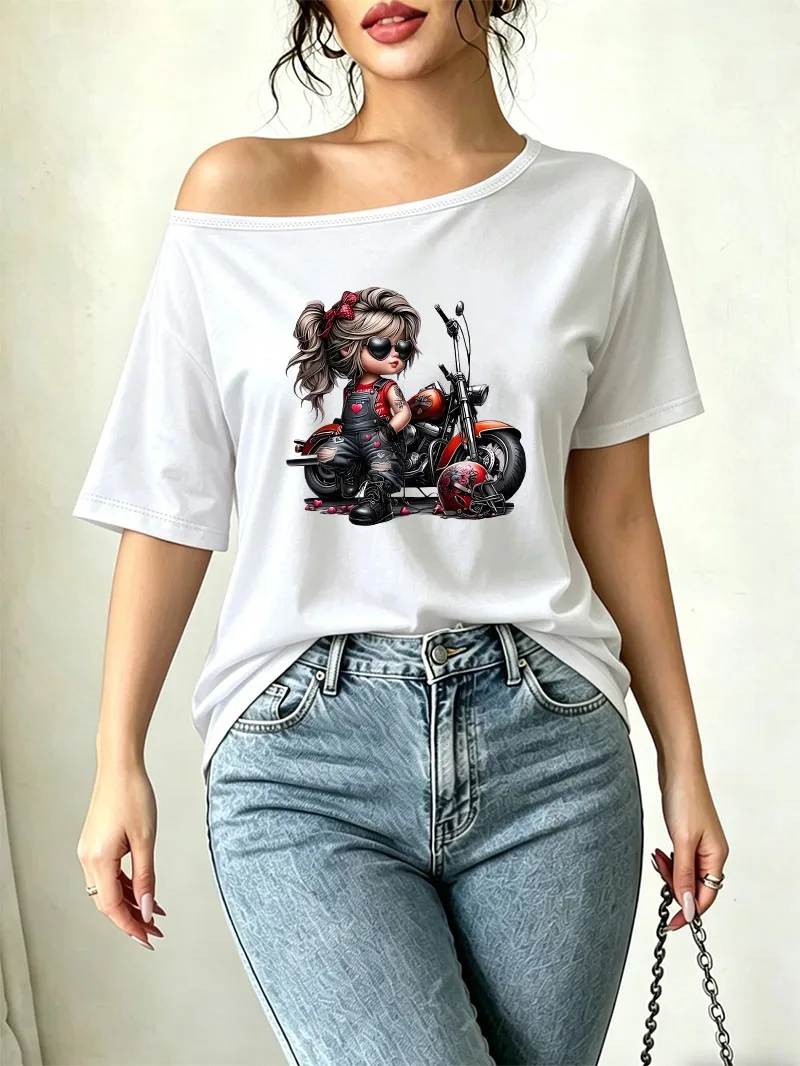 Vintage Motorcycle Girl Print Loose Shoulder Y2K T-shirt Graphic Tee Off Shoulder Streetwear Oversized Women Summer
