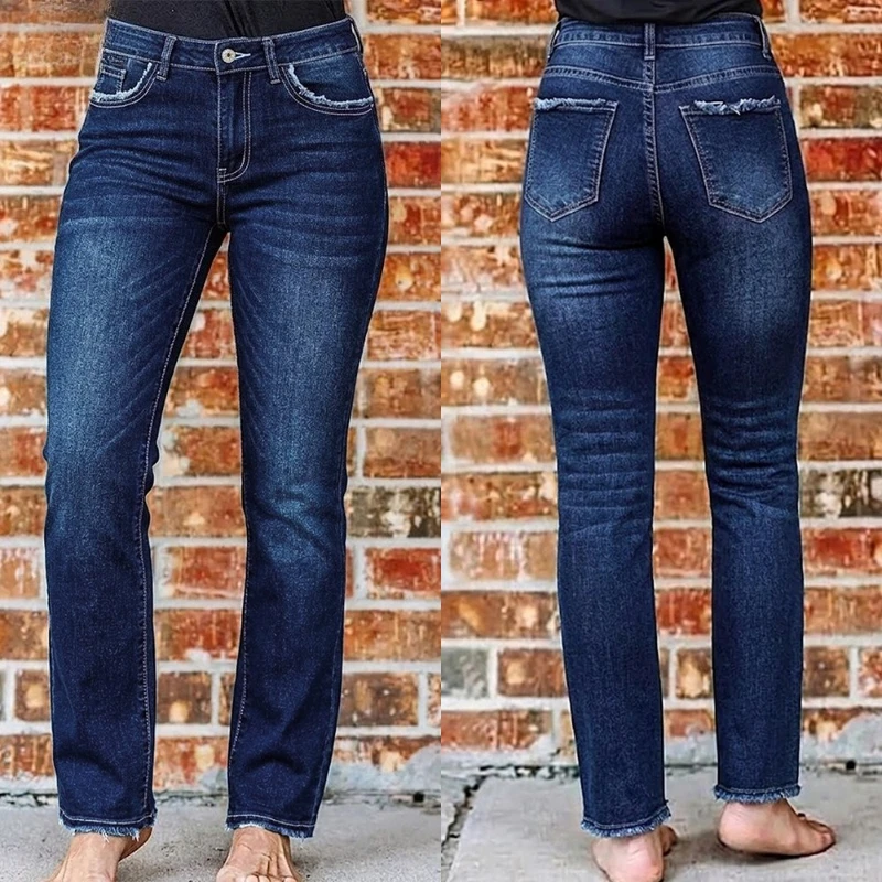 Jeand Women Mid Waist Straight Trousers Vintage Washed Frayed Pocket Raw Edge Distressed Ankle Length Denim Pants Work Casual