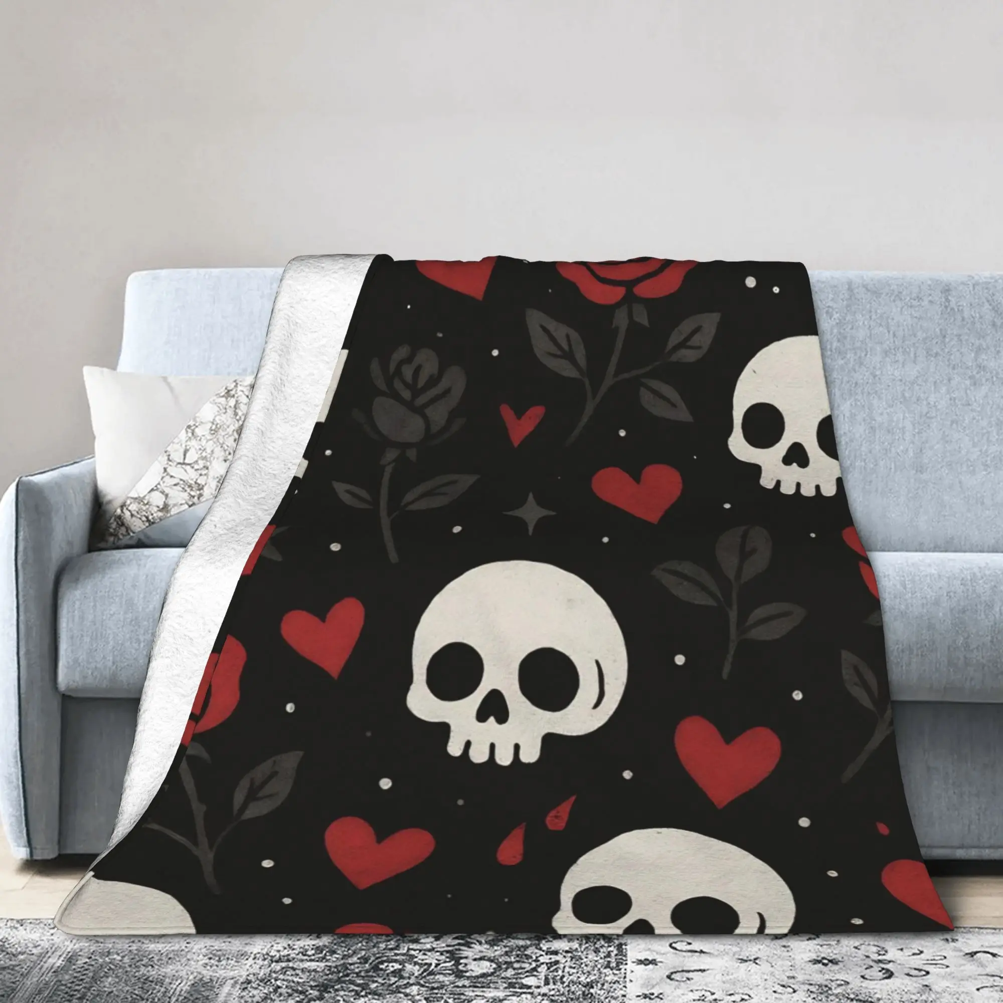 Halloween Gothic Knitted Blanket Velvet Skulls Roses Warm Throw Blankets for Home Couch Bedroom Quilt